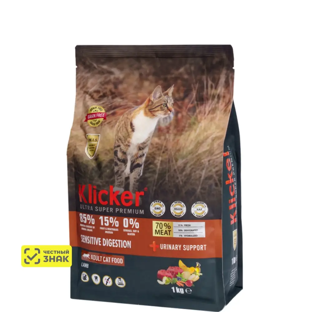 Klicker Adult Sensitive Digestion Сухой корм для кошек с чувствительным пищеварением, с ягненком, 1 кг