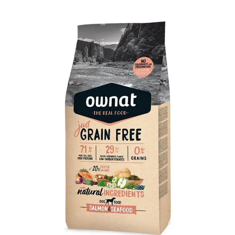 Ownat Grain Free Just Сухой корм беззерновой для собак, с лососем и морепродуктами, 14 кг